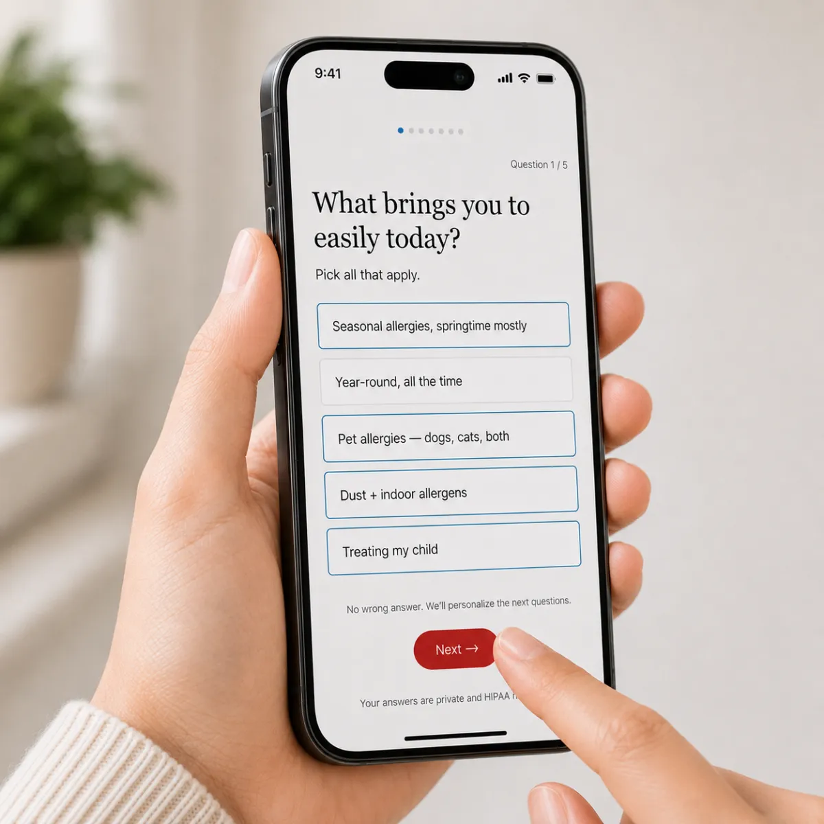 A person holding a phone displaying the Easily allergy quiz with multiple-choice answers.