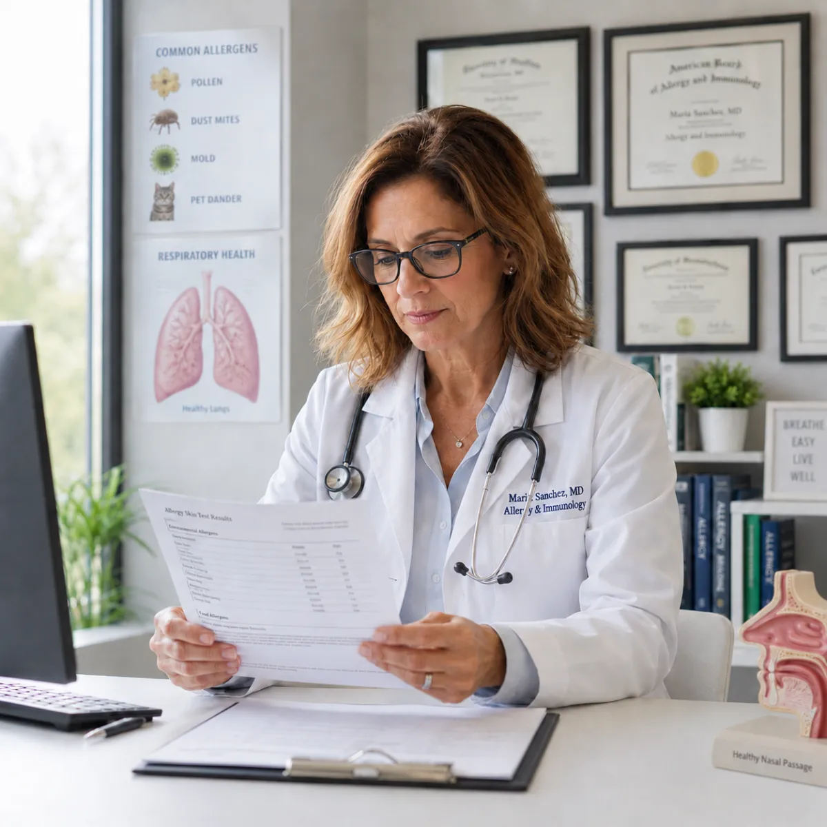 An allergy specialist physician reviewing allergy test results at her desk, with diplomas behind her.