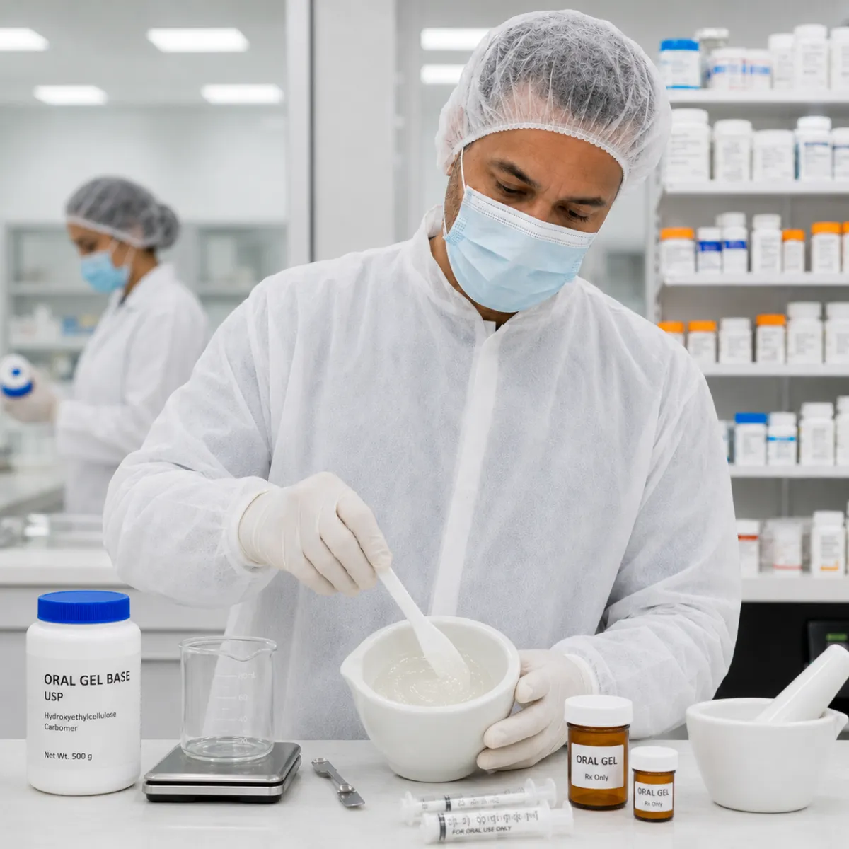 A licensed compounding pharmacist in a clean room, hand-mixing the toothpaste formulation.
