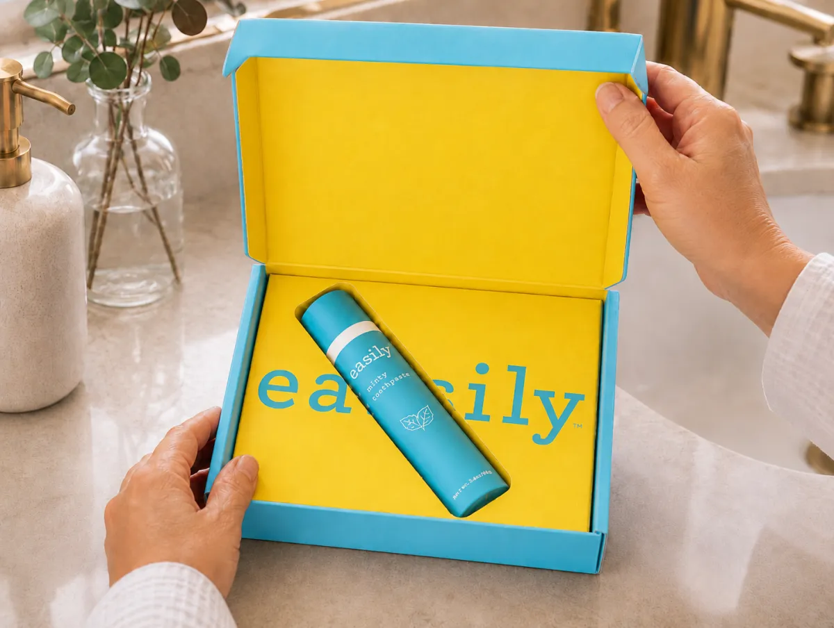 Hands lifting an Easily branded box on a bathroom counter, revealing a cream-and-blue toothpaste tube inside.