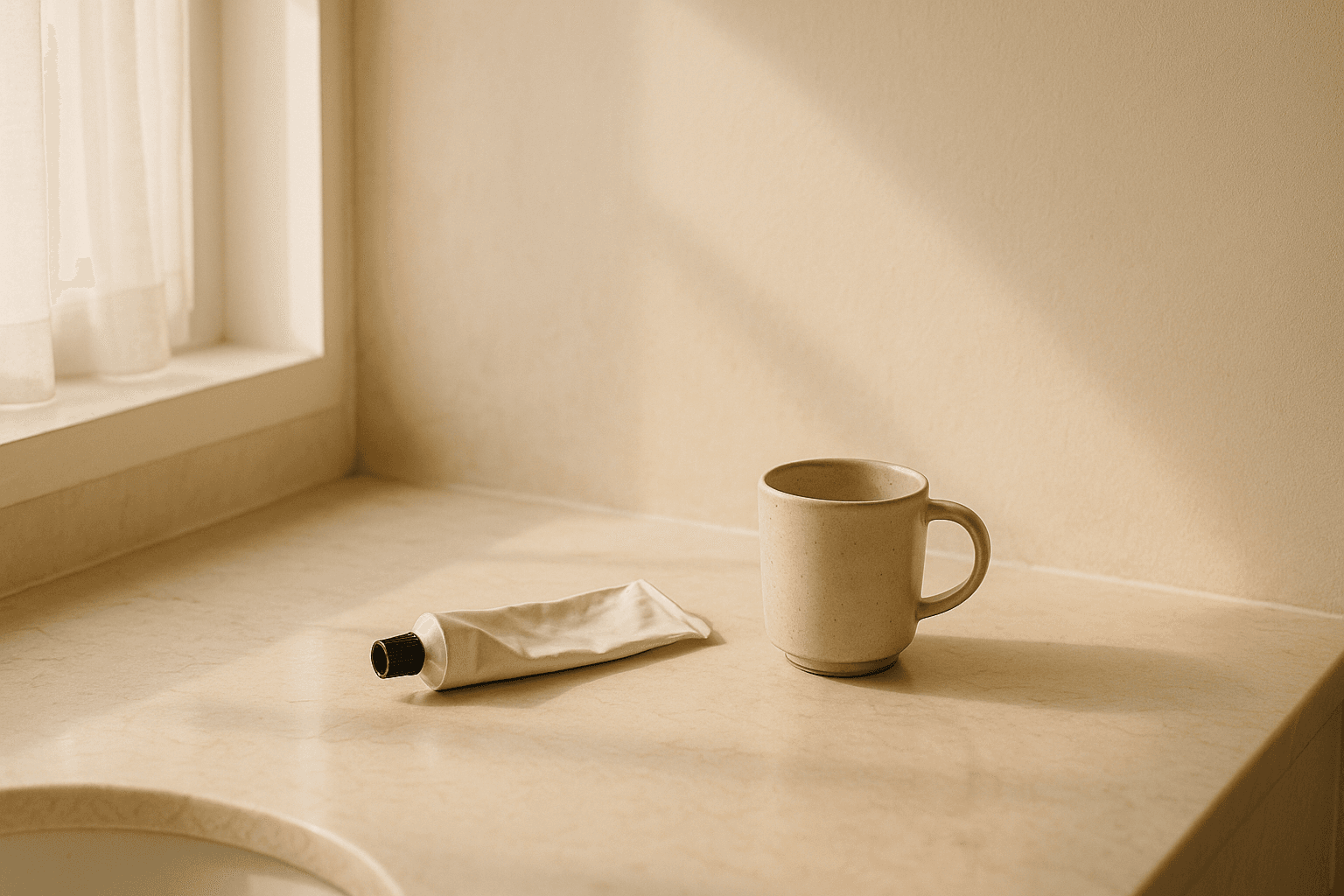 A morning bathroom counter with a tube of toothpaste laid out next to a ceramic mug.