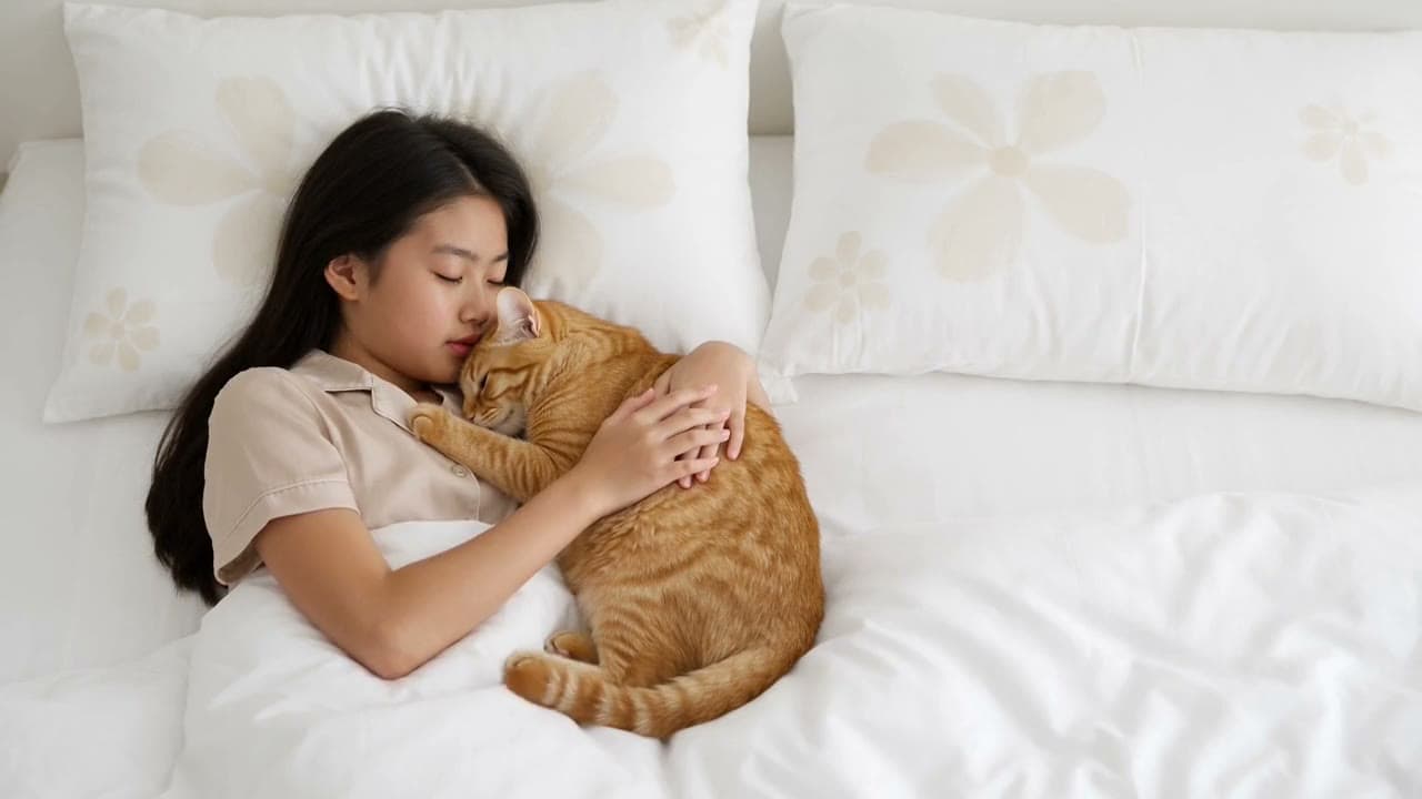 A child sleeping peacefully, a tabby cat resting against them in soft morning light.