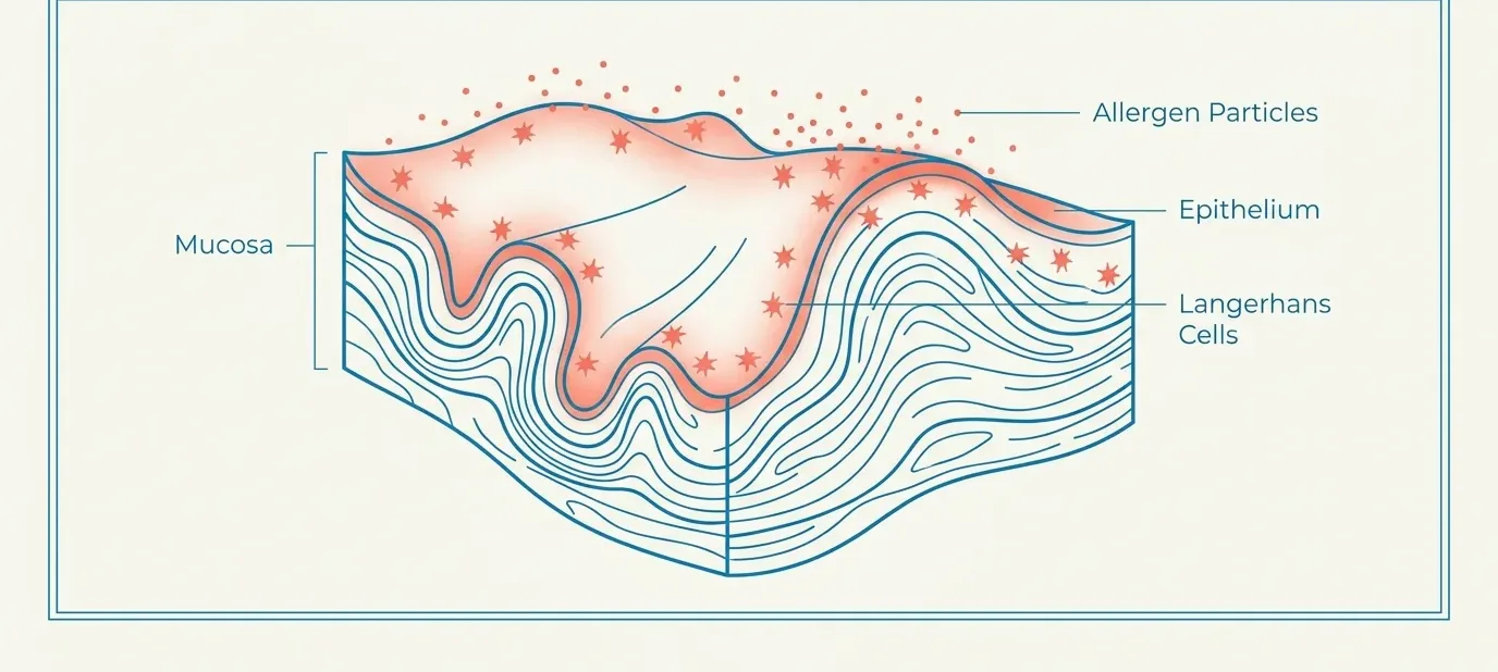 Cross-section of the oral mucosa showing the epithelium, Langerhans cells, and allergen particles in sustained contact with the tissue surface.