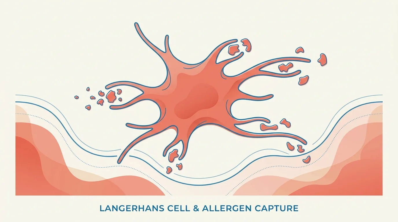 A single Langerhans cell extending its dendrites to capture allergen fragments from the surrounding mucosa.