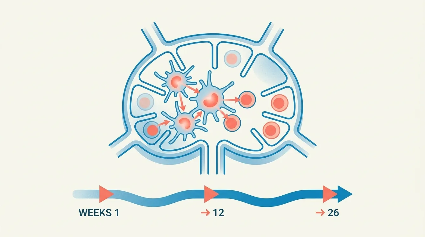 Regulatory T-cells expanding in a lymph node over a 1 → 12 → 26 week timeline, building tolerance to the presented allergens.