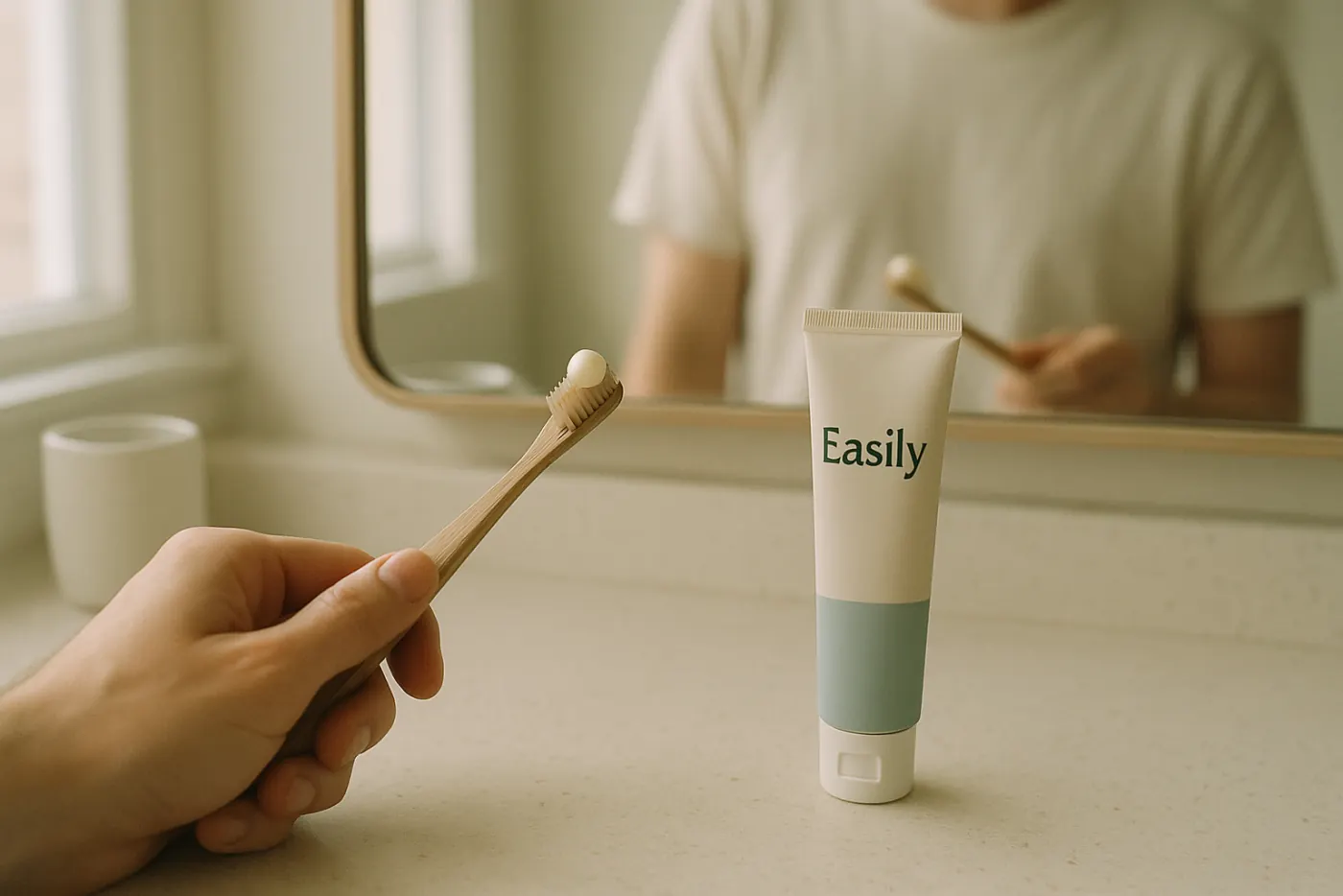 A bathroom mirror at morning: a hand holds a wooden toothbrush next to an Easily-branded toothpaste tube.