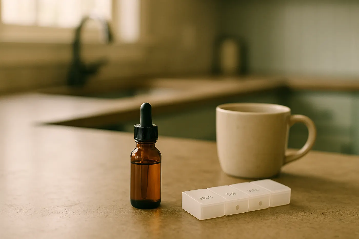 A kitchen counter: a small amber dropper bottle for sublingual allergy drops next to a weekly pill organizer and a coffee mug.