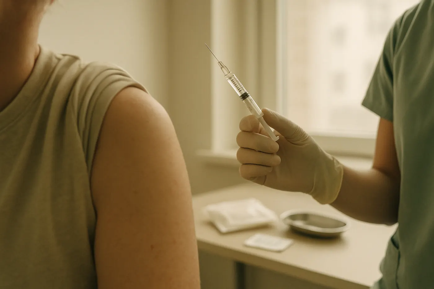 A clinic exam room: a nurse's gloved hand prepares an immunotherapy injection while a patient's bare arm sits in the foreground.