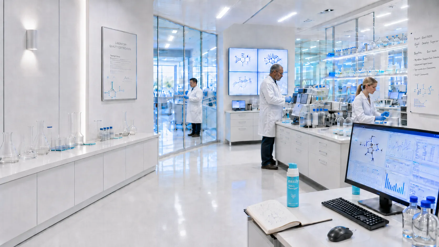 The Easily compounding laboratory — three scientists in white coats at multi-screen molecular-analysis workstations, surrounded by chemistry glassware and Laboratory Quality Certification signage, with an Easily cyan toothpaste bottle on a counter in the foreground.